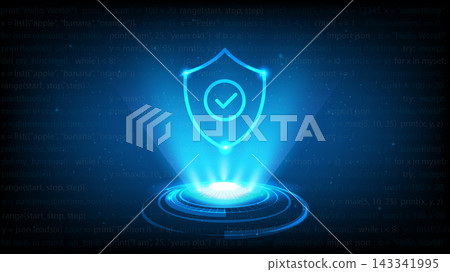 Digital cybersecurity with checkmark on shield over computer code lines for data protection safety Digital cybersecurity with checkmark on shield over computer code lines for data protection safety 143341995