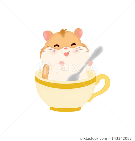 Cute hamster sitting in teacup with spoon isolated on white background 143342092