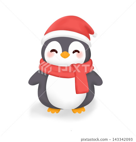 Cute Christmas penguin wearing Santa hat and red scarf isolated on white background Cute Christmas penguin wearing Santa hat and red scarf isolated on white background 143342093