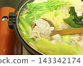 A piping hot pot dish of pork, vegetables, and noodles, a traditional Japanese winter home cooking dish. 143342174