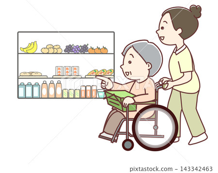 福利：護理人員協助坐輪椅的老人購物。 143342463