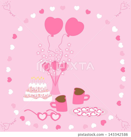 Cake, cookies, flowers, and hearts. Romantic background. Concept of holidays March 8, Mother s Day, Valentine s Day, Family Day. 143342586