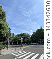大阪一處十字路口，藍天白雲，綠樹成蔭，行人穿越道清晰可見。 143342630