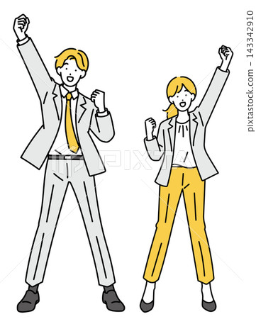 Illustration of a male and female office worker making a victory pose. Illustration of a male and female office worker making a victory pose. 143342910
