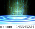 A blue, glowing circular pedestal in cyberspace and a background of rising digital rays. 143343284