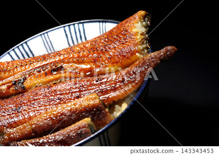 A single serving of eel rice bowl photographed against a black background. A single serving of eel rice bowl photographed against a black background. 143343453