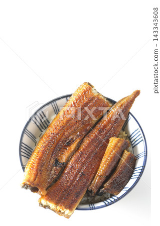 A single serving of eel rice bowl photographed against a white background. A single serving of eel rice bowl photographed against a white background. 143343608