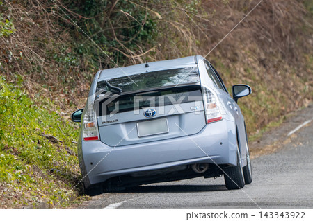 一輛汽車掉進了路邊的溝裡。 一輛汽車掉進了路邊的溝裡。 143343922