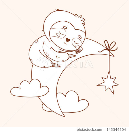 Outline Cute Sleeping Sloth on Moon with Stars and Clouds. Resting Dreamy Little Baby Kawaii Animal Character. Vector Illustration. Line drawing, coloring page. Kids collection. Outline Cute Sleeping Sloth on Moon with Stars and Clouds. Resting Dreamy Little Baby Kawaii Animal Character. Vector Illustration. Line drawing, coloring page. Kids collection. 143344304