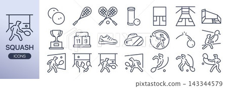 Squash sport icon set. It includes Racquet sport, racket, ball, court, player, scoreboard, trophy, tournament, and more icons. Squash sport icon set. It includes Racquet sport, racket, ball, court, player, scoreboard, trophy, tournament, and more icons. 143344579