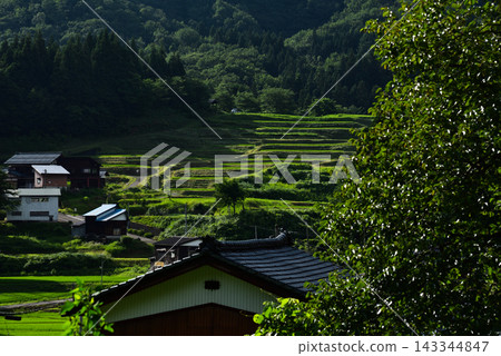 典型的日本鄉村景觀,包括山村和梯田。 典型的日本鄉村景觀,包括山村和梯田。 143344847