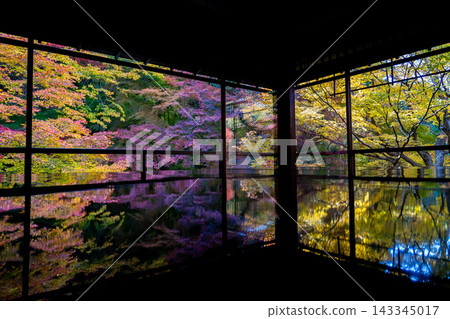 [Kyoto Prefecture] The beautiful autumn scenery of red and green maple leaves reflected on a desk at Rurikoin Temple. 143345017