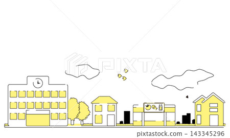 A streetscape illustration featuring shops and houses, drawn with yellow line art. 143345296