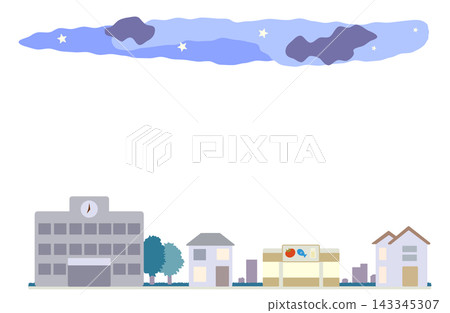 Copy space illustration of a nighttime street scene with a starry sky and shops. Copy space illustration of a nighttime street scene with a starry sky and shops. 143345307