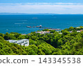 Fresh greenery and ships sailing on Osaka Bay - Sea fishing park in Suma Ward, Kobe City. 143345538