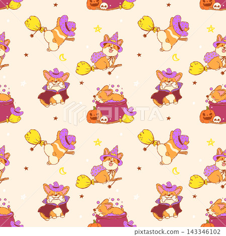 Halloween Corgi Witch Seamless Pattern Cute Kawaii Spooky Dog Costume Repeat Background Halloween Corgi Witch Seamless Pattern Cute Kawaii Spooky Dog Costume Repeat Background 143346102