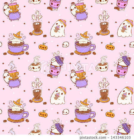 Halloween Ghost Coffee Seamless Pattern Cute Kawaii Hand Drawn Spooky Barista Repeat Background Halloween Ghost Coffee Seamless Pattern Cute Kawaii Hand Drawn Spooky Barista Repeat Background 143346103