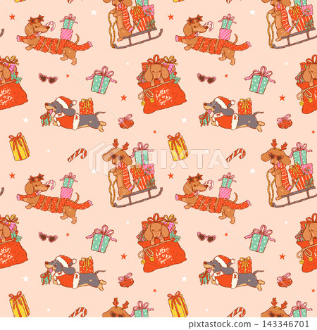 Dachshund Christmas seamless pattern, cute hand drawn sausage dog Delivery Gift cartoon on a festive holiday repeat background 143346701
