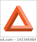 Bright orange Penrose triangle stands out against a white background. The geometric shape creates a visual paradox, challenging perception and illustrating the concept of impossible objects. 143346984
