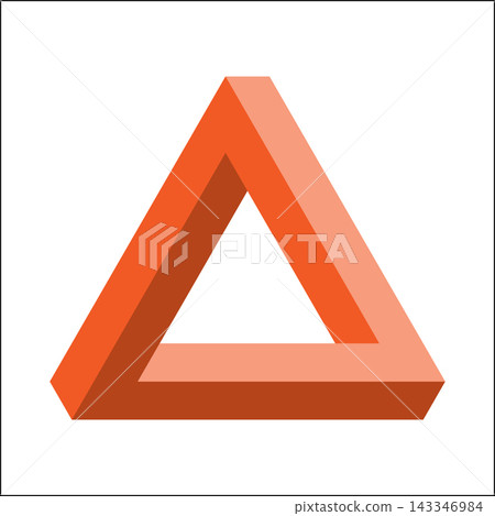 Bright orange Penrose triangle stands out against a white background. The geometric shape creates a visual paradox, challenging perception and illustrating the concept of impossible objects. Bright orange Penrose triangle stands out against a white background. The geometric shape creates a visual paradox, challenging perception and illustrating the concept of impossible objects. 143346984