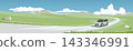 Family car travelling on country road. Revealing a couple driving together. Pristine white road and green meadows landscape. Mountains under a bright blue sky with white clouds. 143346991