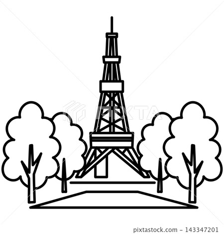 A simple, bold-line drawing of Sapporo TV Tower: Landscape, monochrome. A simple, bold-line drawing of Sapporo TV Tower: Landscape, monochrome. 143347201