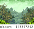A mountain landscape with Japanese-style green maple leaves and lush green trees. 143347242