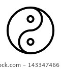 The yin and yang symbol displays two swirling forces, one dark and one light, encompassing balance and harmony in a dynamic interplay. Thin black line vector icon on white background 143347466