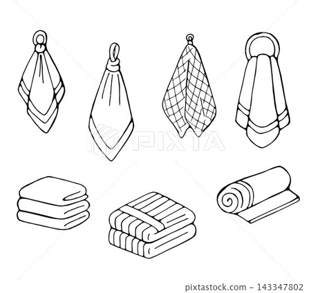 Hand Drawn Doodle Towels Set, Hanging Folded Stacked and Rolled Kitchen and Bath Towels Outline Collection Hand Drawn Doodle Towels Set, Hanging Folded Stacked and Rolled Kitchen and Bath Towels Outline Collection 143347802