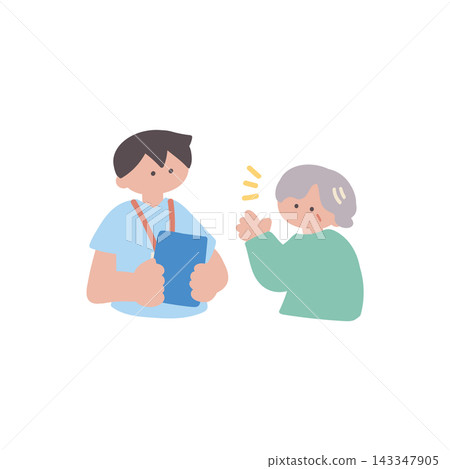 手繪向量插圖,描繪了一名男子正在聆聽護理人員演講。 手繪向量插圖,描繪了一名男子正在聆聽護理人員演講。 143347905