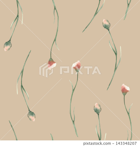 Wildflower buds with slender green stems, delicate watercolor seamless pattern. Floral botanical illustration. Dried Flowers boho design on isolated beige background for fabric, wallpaper, stationery. 143348207