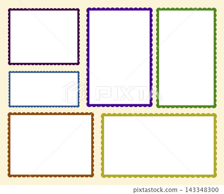 Scalloped multicolored frames set. Rectangle shapes with scalloped edges. Elements for tags, stickers of labels set. Different colors. Label forms. Silhouette lace frame, backgrounds. 143348300