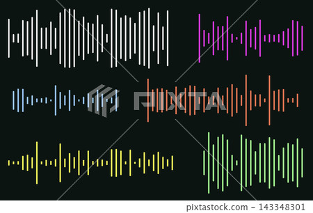 Waveform patterns and audio chat sound wave icons. Mobile messenger or podcast online radio colorful elements set. Music player interface and app multicolored templates, voice message. Waveform patterns and audio chat sound wave icons. Mobile messenger or podcast online radio colorful elements set. Music player interface and app multicolored templates, voice message. 143348301