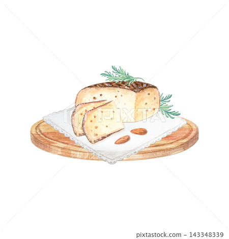Artisan cheese block with slices, almonds and dill on wooden board. Hand drawn watercolor illustration isolated on. Realistic detailed gourmet food clipart for menu design 143348339