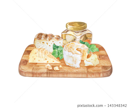 Artisan cheese platter set with honey jar, camembert, basil on wooden board. Hand drawn watercolor illustration isolated on. Realistic detailed gourmet food clipart for menu design 143348342