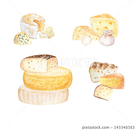 Artisan cheese set with camembert, roquefort, burrata, swiss and gouda wheels. Hand drawn watercolor illustration isolated on. Realistic detailed gourmet food clipart for menu design 143348383