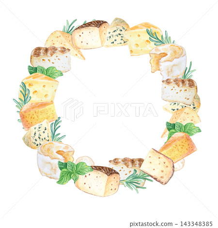 Artisan cheese round frame wreath set with mint and rosemary herbs. Hand drawn watercolor illustration isolated on. Realistic detailed gourmet food clipart for menu design Artisan cheese round frame wreath set with mint and rosemary herbs. Hand drawn watercolor illustration isolated on. Realistic detailed gourmet food clipart for menu design 143348385
