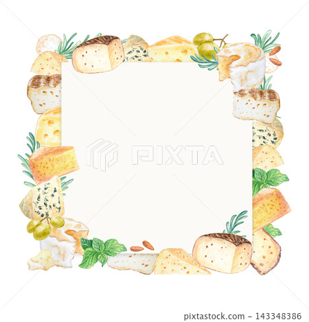 Artisan cheese square frame border set with grapes, nuts and herbs. Hand drawn watercolor illustration isolated on. Realistic detailed gourmet food clipart for menu design 143348386