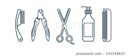 Outline grooming tools including clippers, comb, brush, shampoo bottle, and scissors. Clean vector icon set for pet care, grooming salons, hygiene, and animal styling services. Outline grooming tools including clippers, comb, brush, shampoo bottle, and scissors. Clean vector icon set for pet care, grooming salons, hygiene, and animal styling services. 143348655
