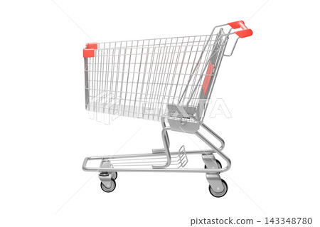 Shopping Cart on Isolated White Background, Empty Metal Trolley for Retail and Commerce, 3D Render 143348780