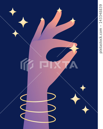 Hand Holding Glowing Star in Starry Sky. Mystical Esoteric Spiritual Illustration Hand Holding Glowing Star in Starry Sky. Mystical Esoteric Spiritual Illustration 143348839