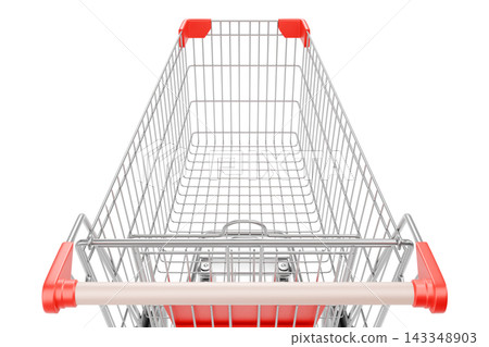First-Person View of Shopping Cart on Isolated White Background, Empty Retail Trolley, 3D Render First-Person View of Shopping Cart on Isolated White Background, Empty Retail Trolley, 3D Render 143348903