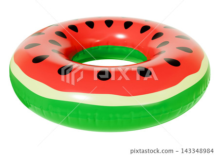 Inflatable Watermelon Pool Ring, Float Isolated on White Background, Summer Beach Fun Accessory. 3d rendering Inflatable Watermelon Pool Ring, Float Isolated on White Background, Summer Beach Fun Accessory. 3d rendering 143348984