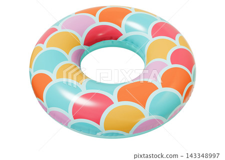 Wave pattern Inflatable Swim Ring Summer Pool Float Isolated on White Background. 3d rendering Wave pattern Inflatable Swim Ring Summer Pool Float Isolated on White Background. 3d rendering 143348997