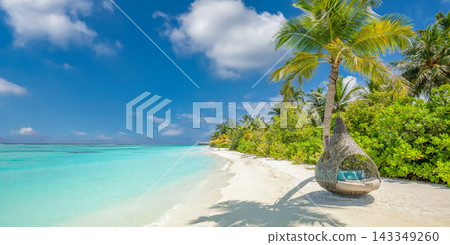 Lush palm island powdery white shore vivid turquoise lagoon blue sky wispy clouds tropical paradise. Scenic travel wanderlust vista. Exotic explore dream destination  wall art 143349260