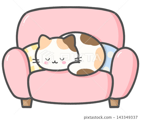 Cute Sleeping Calico Cat on Armchair with Cushions Cute Sleeping Calico Cat on Armchair with Cushions 143349337