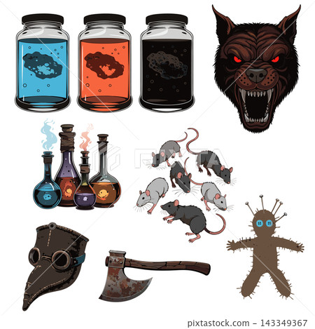 The image highlights a digital illustration of the head of an aggressive dark wolf or werewolf with a bared-teeth snarl The image highlights a digital illustration of the head of an aggressive dark wolf or werewolf with a bared-teeth snarl 143349367