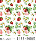 Watercolor strawberry seamless pattern with berries, slices, leaves and blossoms on light background 143349605