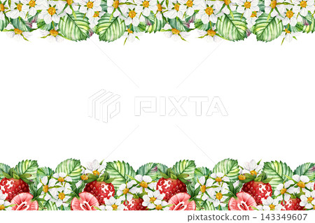 Watercolor strawberry frame with berries leaves and blossoms Watercolor strawberry frame with berries leaves and blossoms 143349607