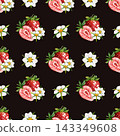Watercolor strawberry seamless pattern with sliced berries and flowers on dark background 143349608